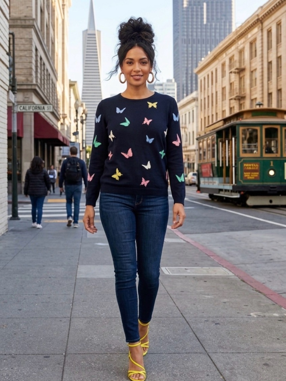 Talbots Navy Crewneck Sweater with Pastel Butterfly Motifs
